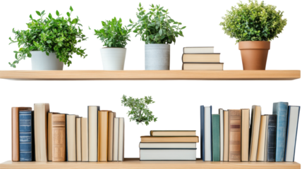 Decorative bookshelf with plants and a collection of books in minimalist design