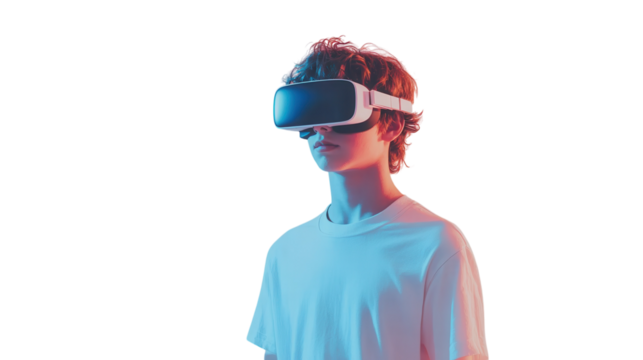 Young person engages with virtual reality technology in a vibrant, modern setting during the daytime