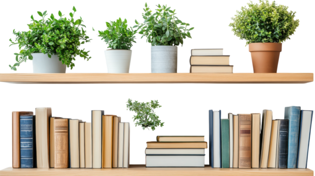 Decorative bookshelf with plants and a collection of books in minimalist design