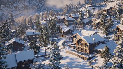 Fresh Snow Covering Roofs and Trees of a Laye Winter Scene