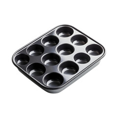 Modern Non-Stick Muffin Tray with Polished Finish Featuring Six Muffins Isolated on Transparent Background
