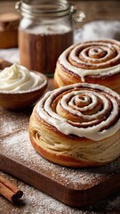 Fototapeta premium Two cinnamon rolls with icing on top sit on a wooden cutting board