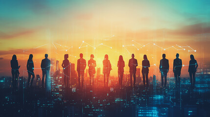 Abstract business man stands on Smart digital Innovation city with connection network reciprocity over the twilight cityscape. of future wireless digital city and social media networking systems