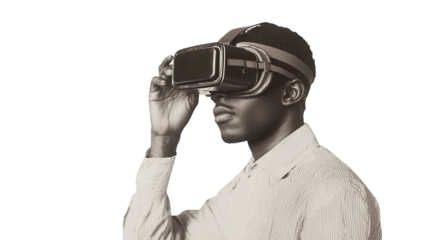 Young man engaging with virtual reality headset in modern technology setting