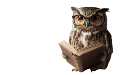 Owl wearing glasses reading a book in a whimsical environment sparks imagination and curiosity among viewers
