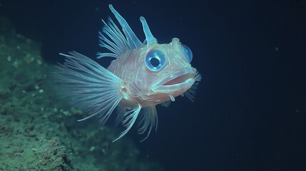 Obraz premium Pale Fish with Spiky Fins and Blue Eyes in Dark Underwater Setting