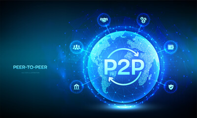 Peer to peer. P2P payment and online model for support or transfer money. Peer-To-Peer technology concept. World map point line composition. Earth planet globe. Vector illustration.