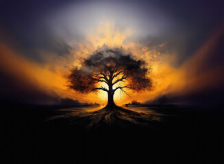 Fototapeta premium Silhouette of a majestic tree stands against a vibrant sunset, its roots reaching deep into the earth. The scene evokes a sense of peace and connection to nature.