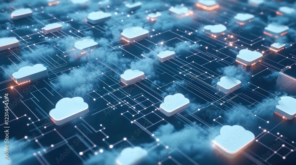 Aufkleber Cloud Computing Connections with File and Folder Icons in a Digital Network, Isometric View of Data Sharing for Global Business and Smart Working