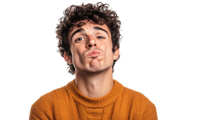 Obraz premium Young man with curly hair making a funny face while wearing an orange sweater indoors
