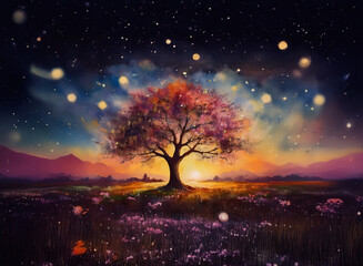 A lone tree, ablaze with autumnal hues, stands serenely in a field of wildflowers as the sun sets, casting a magical glow against a starry, firefly-filled night sky.
