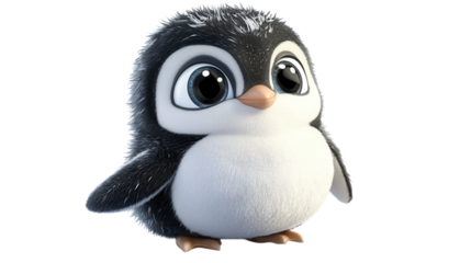 Cute animated penguin character with large eyes and fluffy feathers in a playful pose