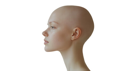 Unique profile of a bald mannequin displaying delicate facial features and graceful neck structure in minimalist style