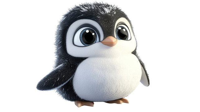 Cute animated penguin character with large eyes and fluffy feathers in a playful pose