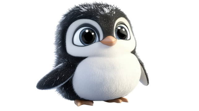 Cute animated penguin character with large eyes and fluffy feathers in a playful pose