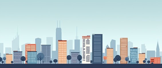Minimalistic cityscape with rectangular buildings and simple lines, flat design style