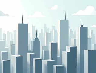 Minimalistic cityscape with rectangular buildings and simple lines, flat design style