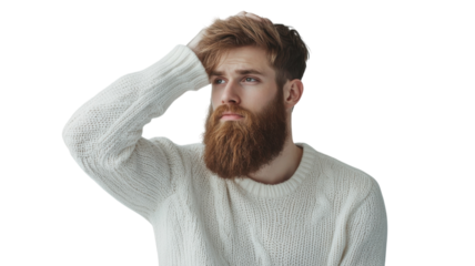 Young man with a beard in a white sweater shows a thoughtful expression indoors
