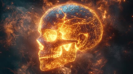 A glowing artistic depiction of a human skull with radiant neural energy paths