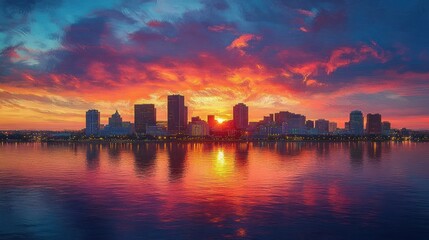 Naklejka premium Vibrant Sunset Over New Orleans Skyline Aerial View with Water Reflections