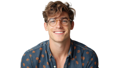 Smiling young man with curly hair and glasses wearing a patterned shirt in a bright setting