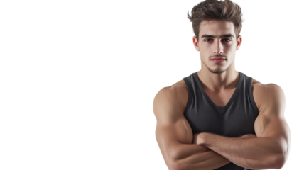 Young muscular man poses confidently with arms crossed in a studio setting showcasing strength and fitness