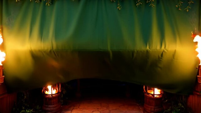 Tropical Tiki Torch Backdrop:  A Nighttime Scene with Flaming Torches and Carved Statues