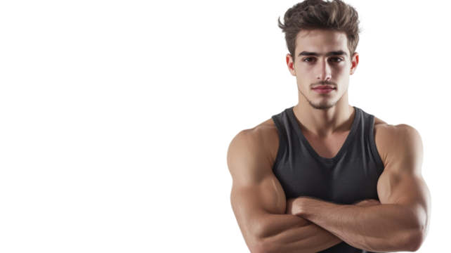 Young muscular man poses confidently with arms crossed in a studio setting showcasing strength and fitness