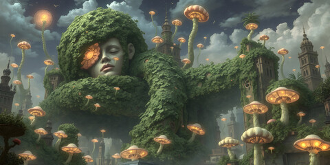 Naklejka premium A surrealist vision of a city where every building is a giant, sleeping robot covered in vines and glowing fungi