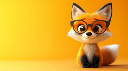 A cute cartoon fox in glasses, standing against a plain colored backdrop, with copy space on the left side