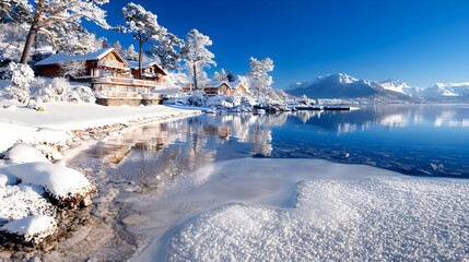 Snowy lakefront cabins, mountain view, winter serenity