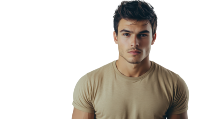 Young man poses with serious expression against plain background in studio setting