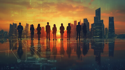 Abstract business man stands on Smart digital Innovation city with connection network reciprocity over the twilight cityscape. of future wireless digital city and social media networking systems