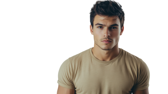 Young man poses with serious expression against plain background in studio setting