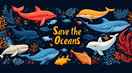 Illustrated marine life promoting ocean conservation and awareness for protecting marine ecosystems