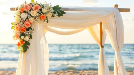 Beach Wedding Decoration with Flowing White Drapes and Colorful Flower Arrangement Underneath a Beautiful Sunset Sky by the Ocean Shore