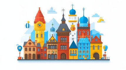 Fototapeta premium A vibrant cityscape showcasing diverse architectural styles from around the world