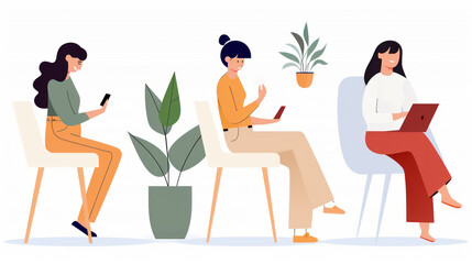 Young Women Engaged in Technology, Using Smartphones and Laptops While Sitting in a Bright, Modern Environment with Plants and Stylish Chairs