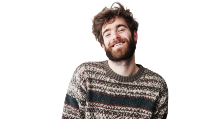 Smiling man with beard wearing a cozy sweater against a plain background in a joyful indoor moment