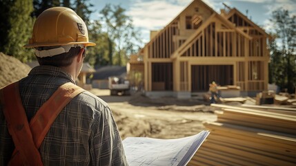 Fototapeta premium Back View of Construction Worker Overseeing Home Building Project with Blueprints