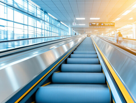 blurred background metro escalator / light blue background movement city infrastructure subway