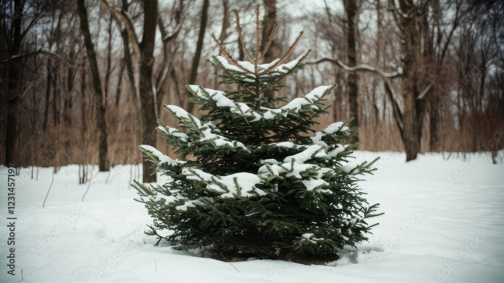 Poster snow-covered evergreen tree in a serene forest setting surrounded by white snow, showcasing lush gre