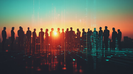 Abstract business man stands on Smart digital Innovation city with connection network reciprocity over the twilight cityscape. of future wireless digital city and social media networking systems