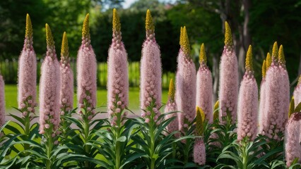 Tall pink spike flowers blooming in a lush green park, with vibrant yellow tips and lush green leaves in the foreground and blurred greenery behind.