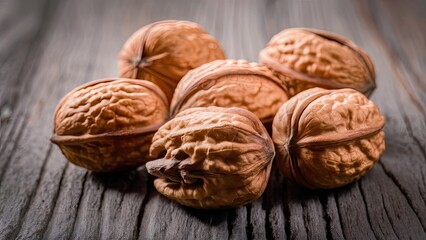 Walnuts arranged on a rustic wooden surface with a blurred background showcasing their textured shells in warm brown tones.