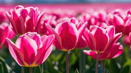 Obraz premium Closeup of vibrant pink tulip blossoms in a sunny field with blurred pink background, capturing nature's beauty and floral details.