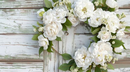 Crafted White Flower Wreath with Green Leaves Against Rustic Weathered Wooden Background for Seasonal Decoration and Events