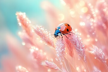 Ladybug rests on dew-kissed pink grass in a soft, dreamy setting during early morning