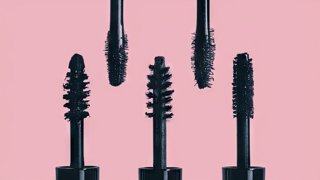 Closeup of five black mascara brush applicators on a soft pink background emphasizing beauty essentials demonstrating texture and design variations