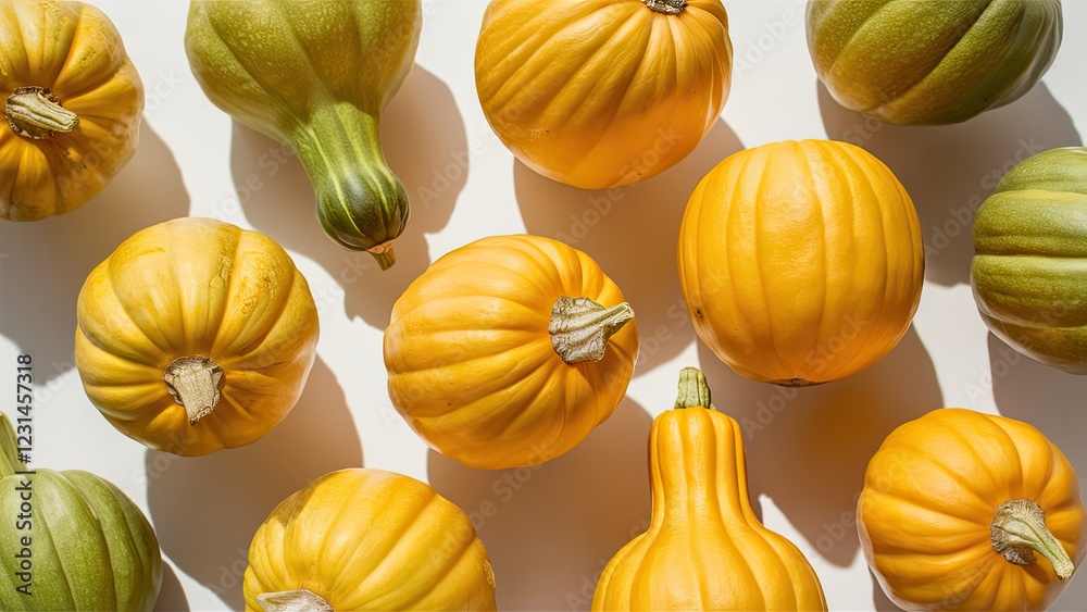 Poster assorted yellow and green swan neck squashes arranged on a light white background creating a vibrant